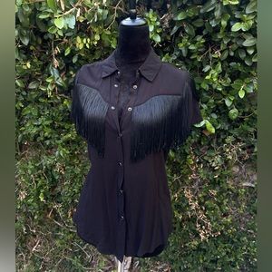 Idyllwind black fringe button down collared blouse